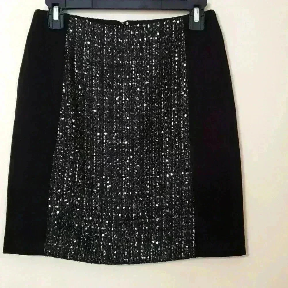1 Ann Taylor Loft Black Curvy Fit Sparkle Tweed Paneled Straight Skirt 0 - Picture 2 of 8
